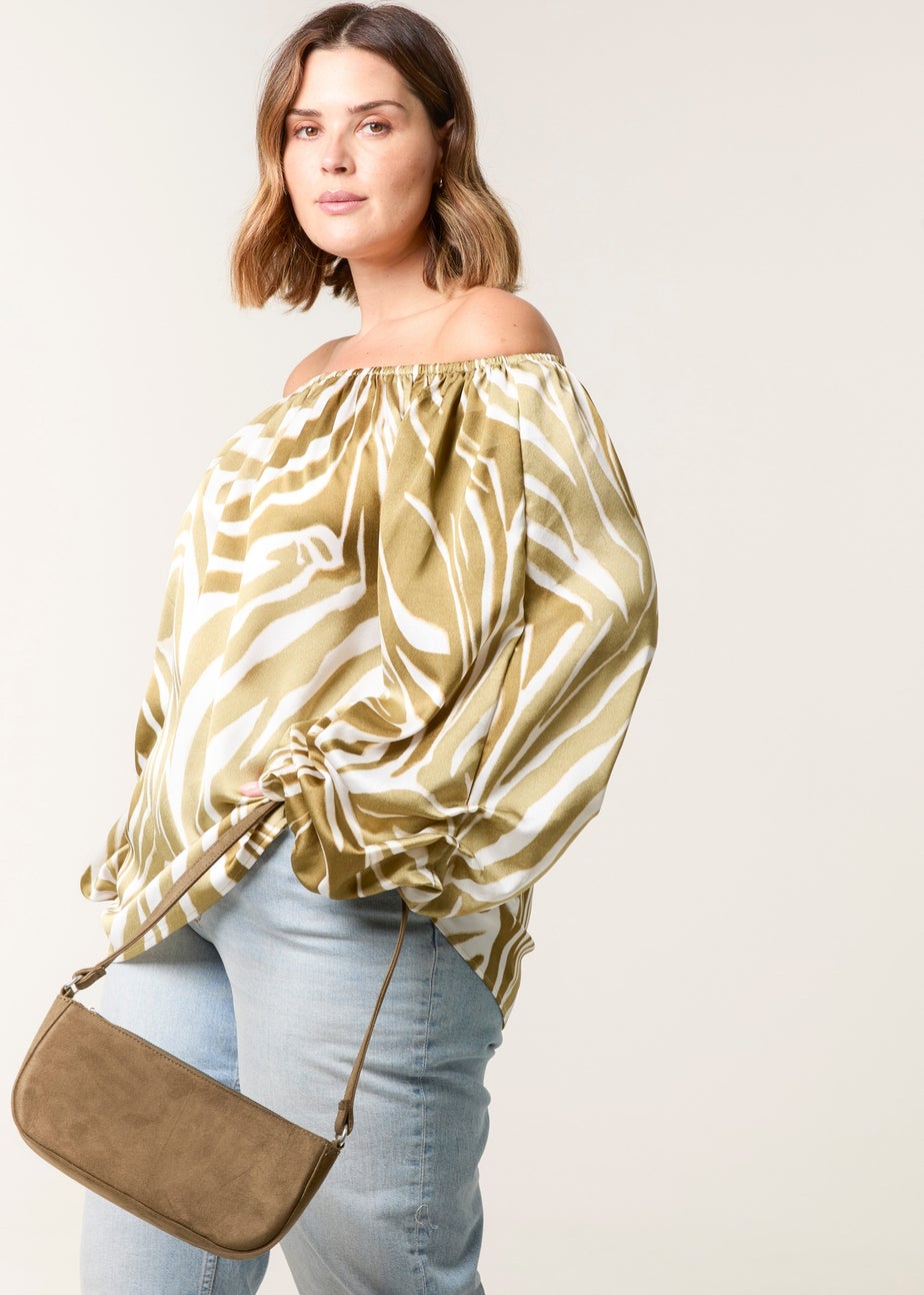 Blue Vanilla Khaki Curve Zebra Satin Ruched Bardot Top