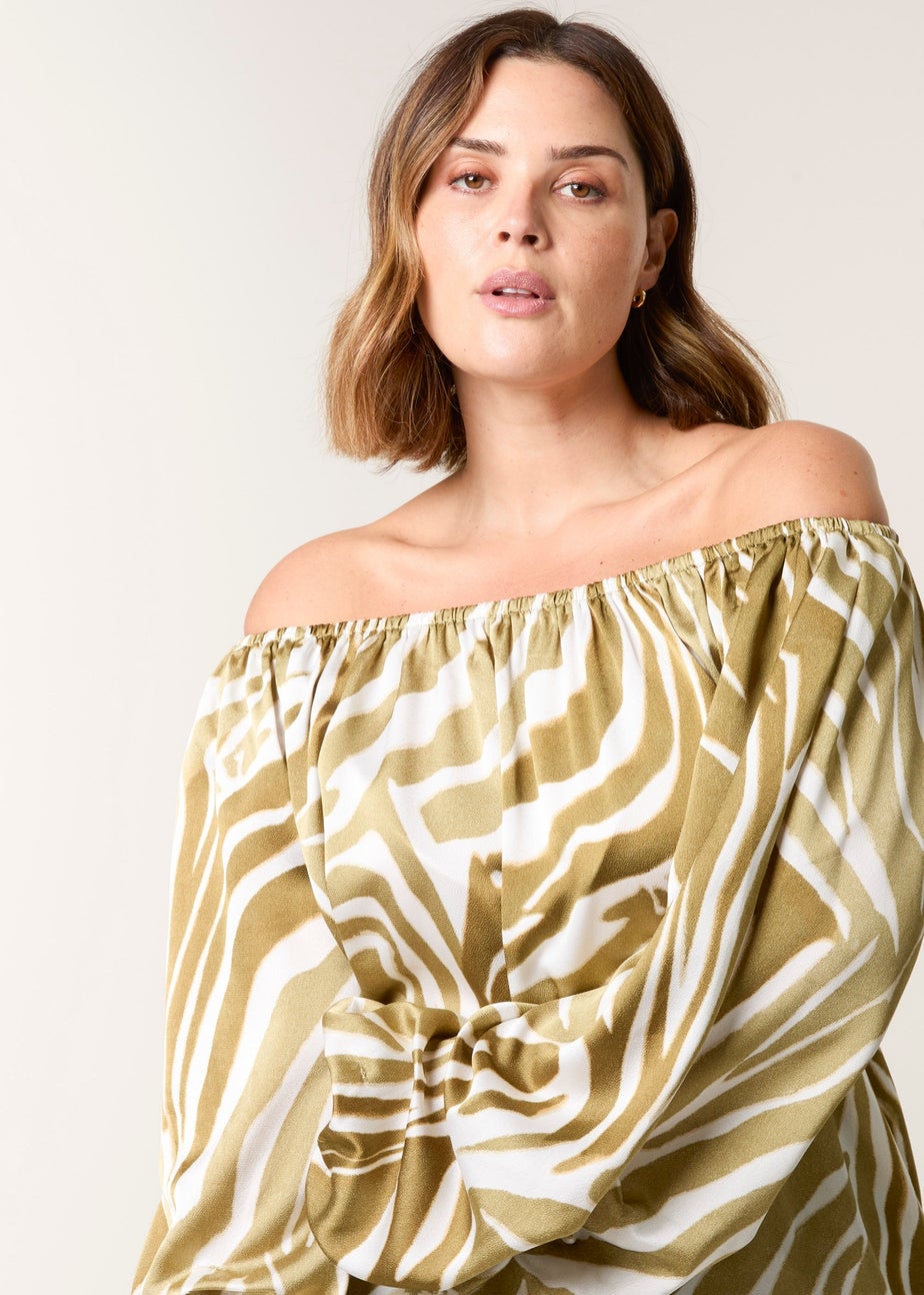 Blue Vanilla Khaki Curve Zebra Satin Ruched Bardot Top