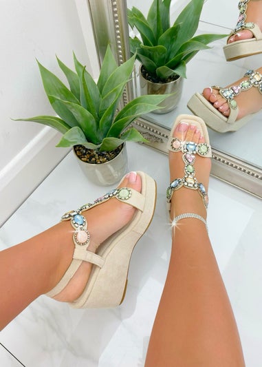 Love Lemonade Nude Sparkly Crystal Cluster Wedge Sandals