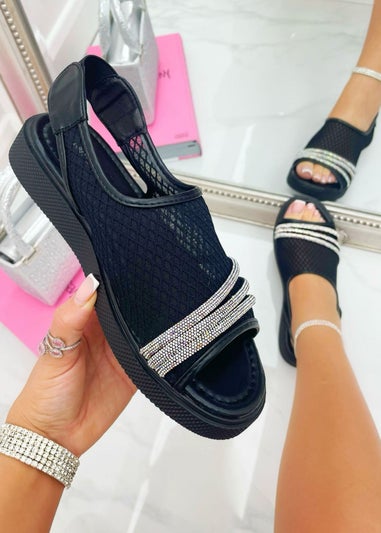 Love Lemonade Black Crystal Bling Mesh Comfort Sandals