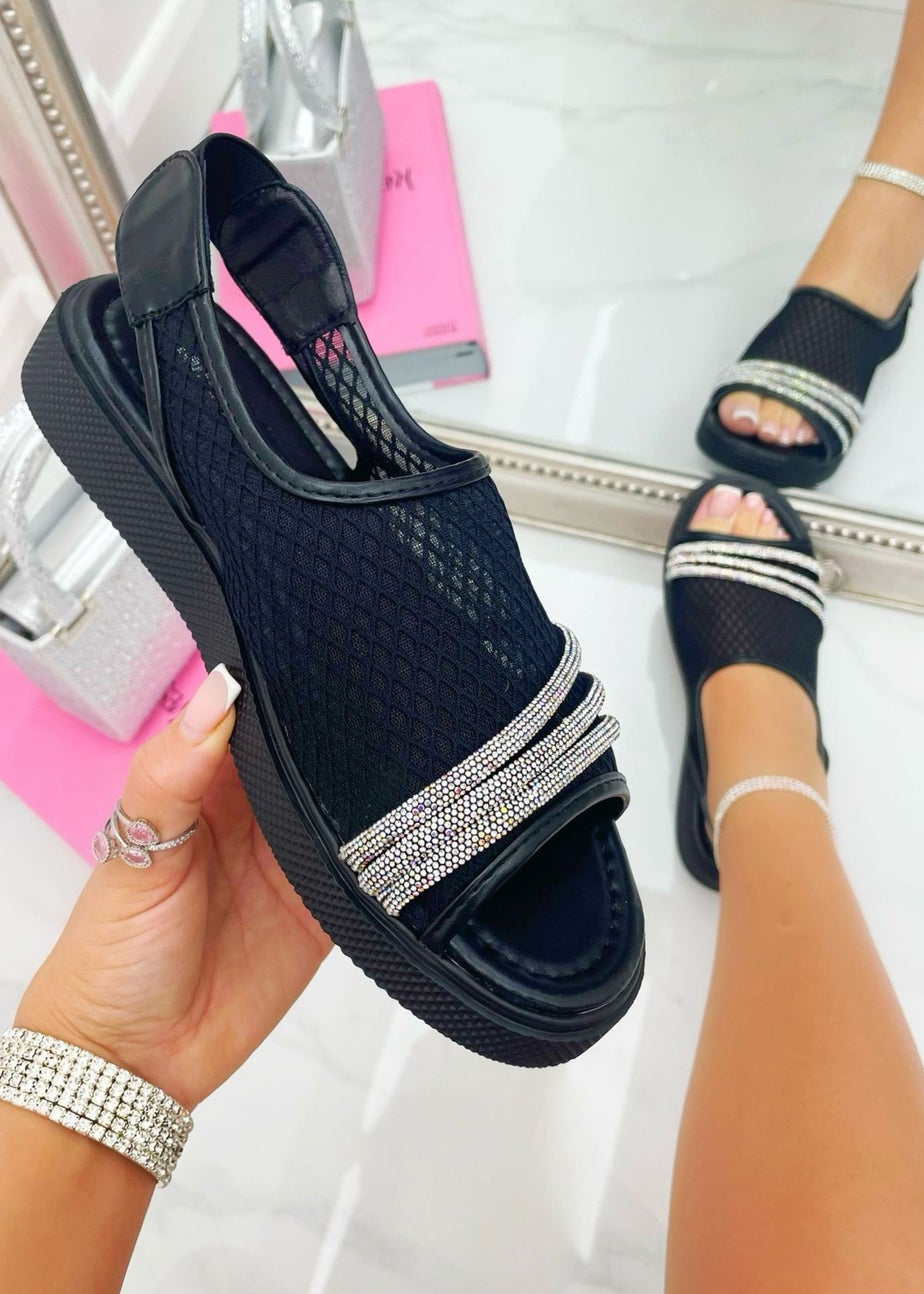 Love Lemonade Black Crystal Bling Mesh Comfort Sandals