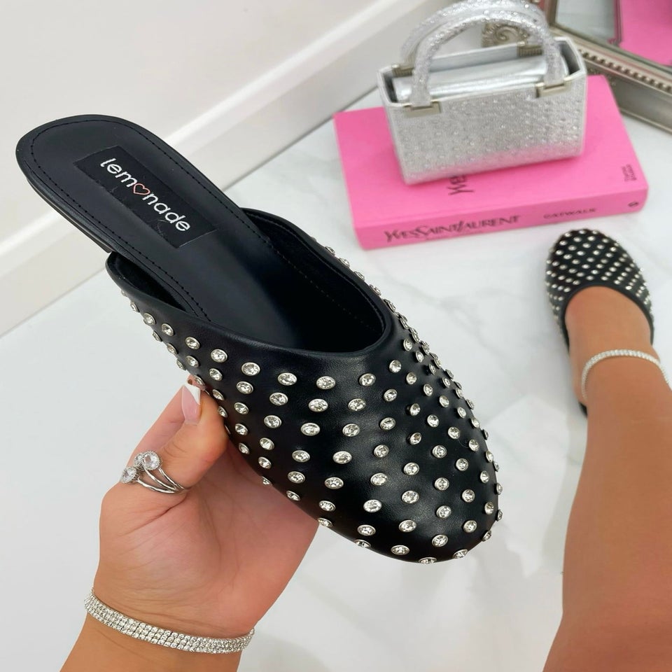 Love Lemonade Black Sparkly Jewel Studded Slip On Mule Sliders
