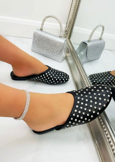 Love Lemonade Black Sparkly Jewel Studded Slip On Mule Sliders