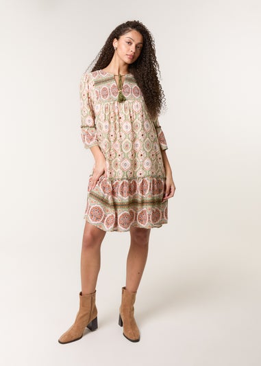 Blue Vanilla Khaki Mix Print Smock Dress With Tassel Tie