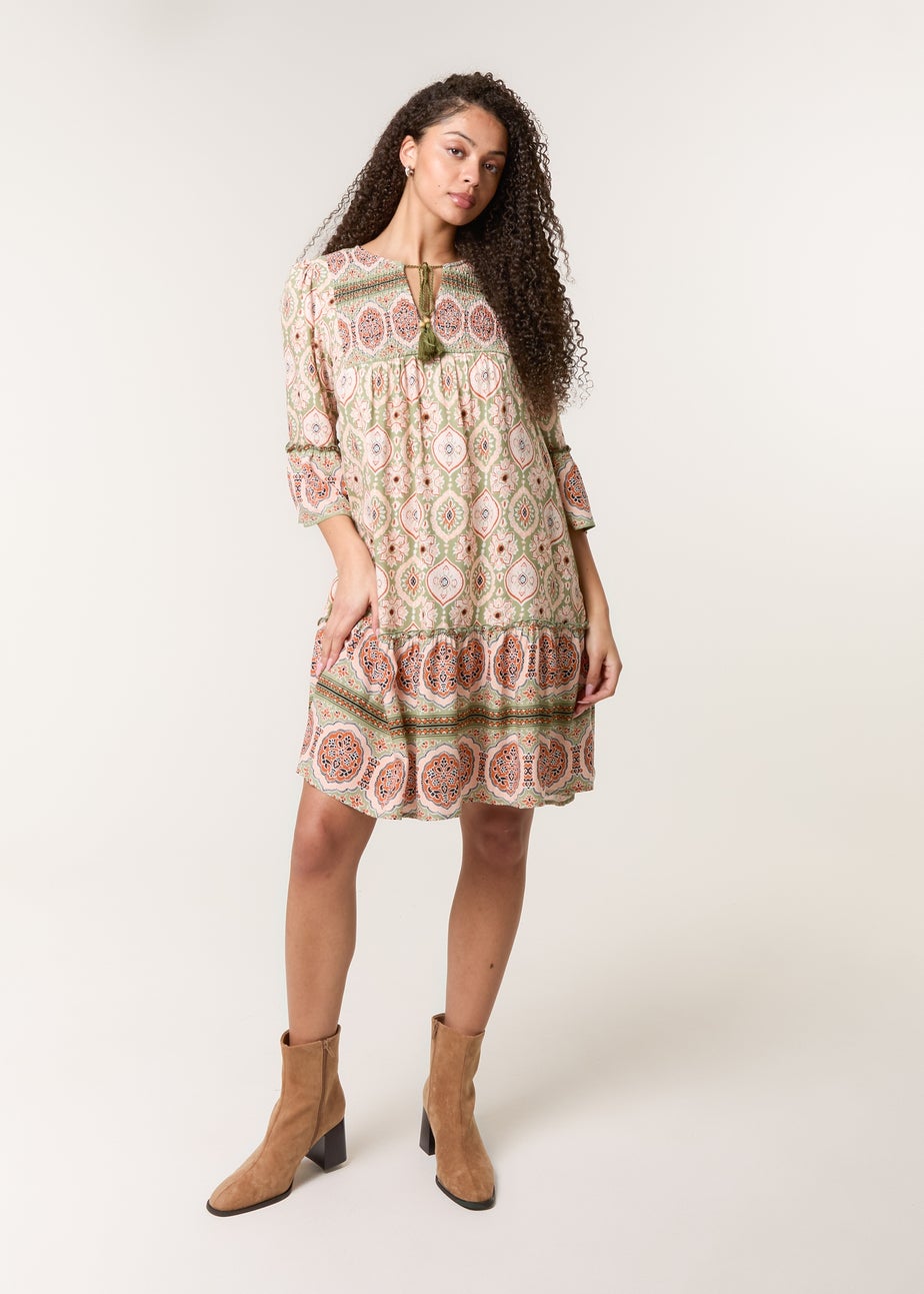 Blue Vanilla Khaki Mix Print Smock Dress With Tassel Tie