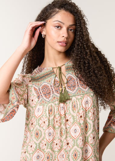 Blue Vanilla Khaki Mix Print Smock Dress With Tassel Tie