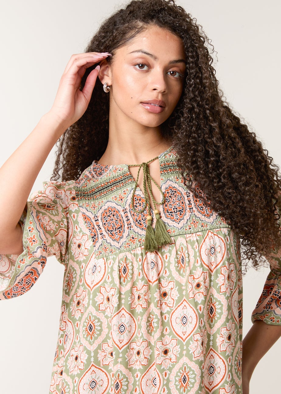 Blue Vanilla Khaki Mix Print Smock Dress With Tassel Tie