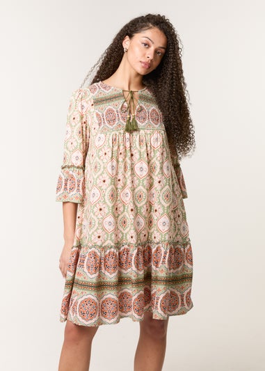Blue Vanilla Khaki Mix Print Smock Dress With Tassel Tie