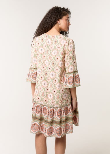 Blue Vanilla Khaki Mix Print Smock Dress With Tassel Tie