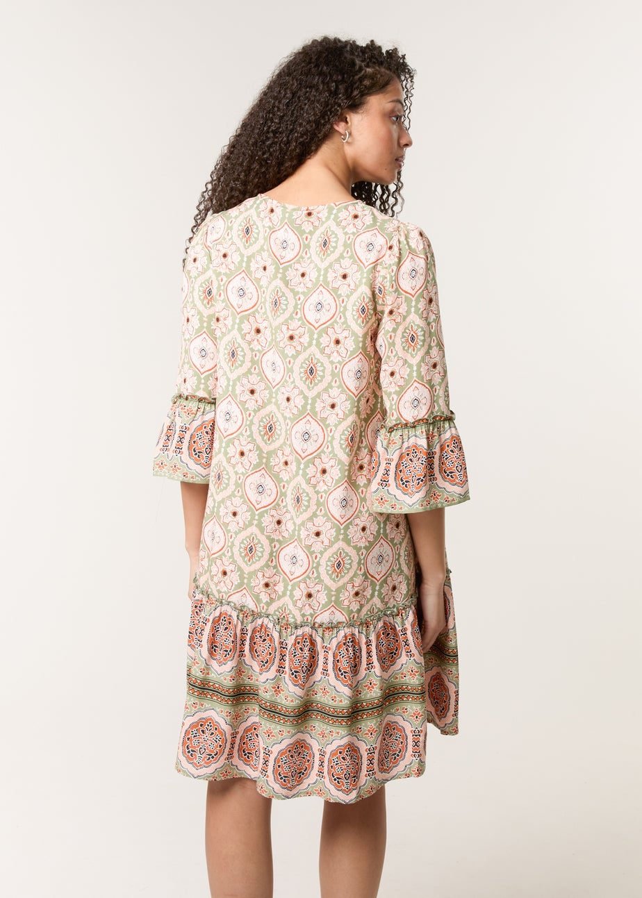 Blue Vanilla Khaki Mix Print Smock Dress With Tassel Tie