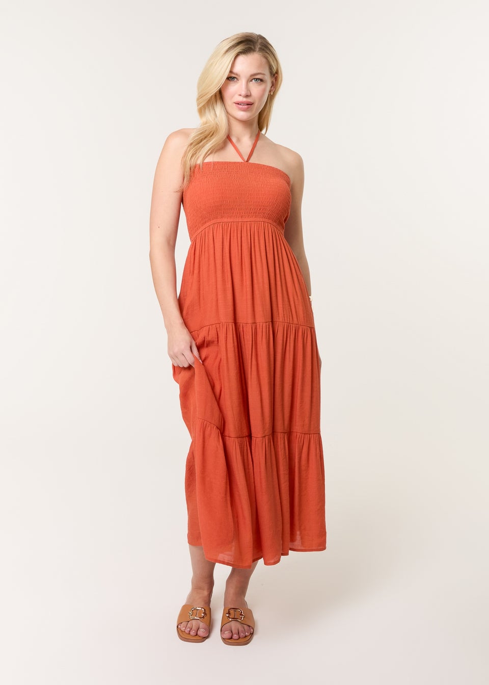 Blue Vanilla Orange Bandeau Tiered Midi Dress