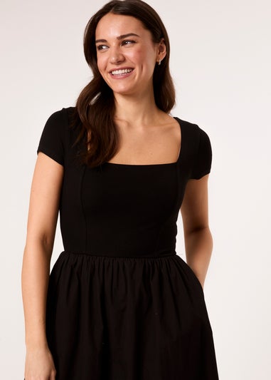 Blue Vanilla Black Square Neck Mix Fabric Midi Dress