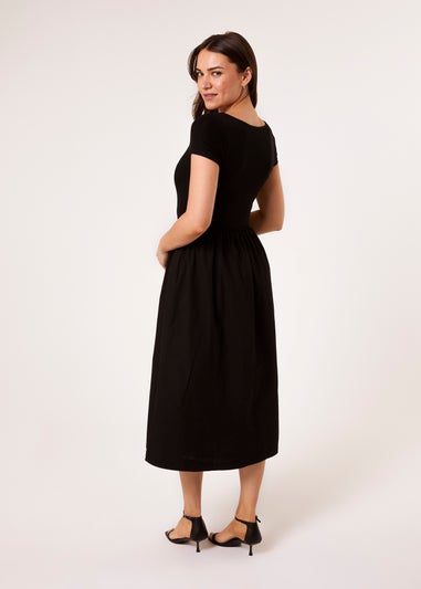 Blue Vanilla Black Square Neck Mix Fabric Midi Dress