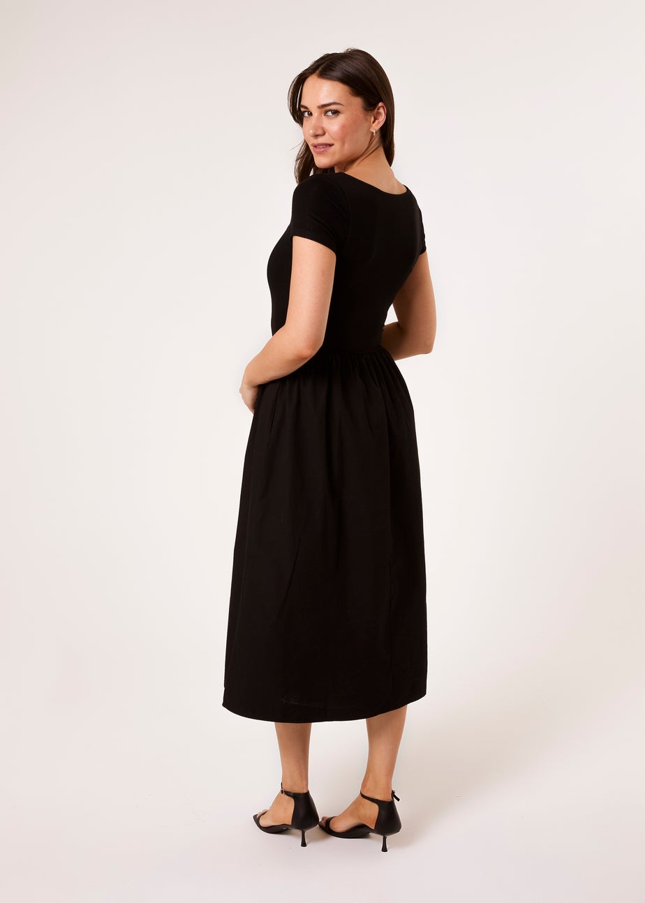 Blue Vanilla Black Square Neck Mix Fabric Midi Dress