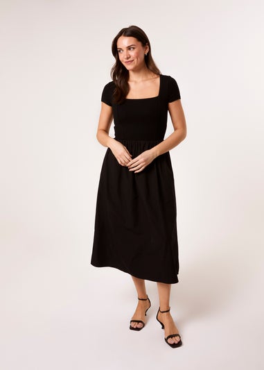 Blue Vanilla Black Square Neck Mix Fabric Midi Dress