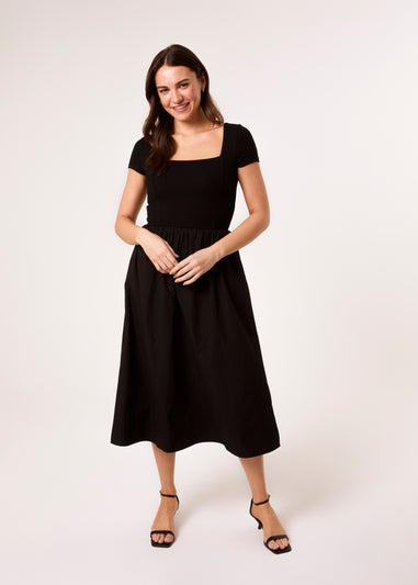 Blue Vanilla Black Square Neck Mix Fabric Midi Dress