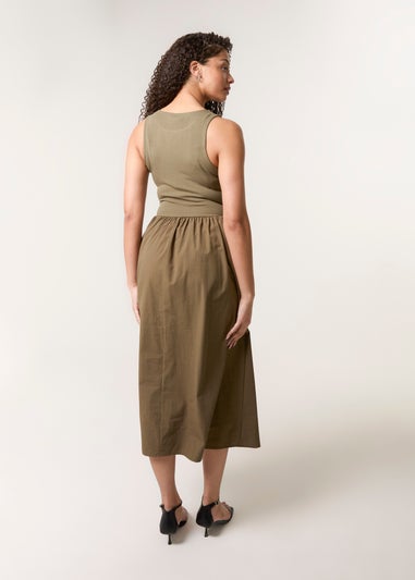 Blue Vanilla Khaki Mix Fabric Midi Dress