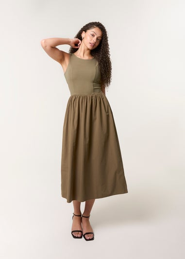Blue Vanilla Khaki Mix Fabric Midi Dress