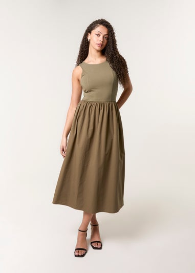 Blue Vanilla Khaki Mix Fabric Midi Dress
