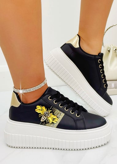 Love Lemonade Crystal Chunky Platform Bee Trainers Black