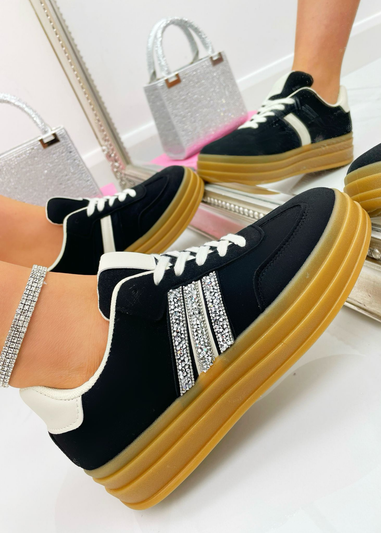 Love Lemonade Black Crystal Stripe Platform Trainers