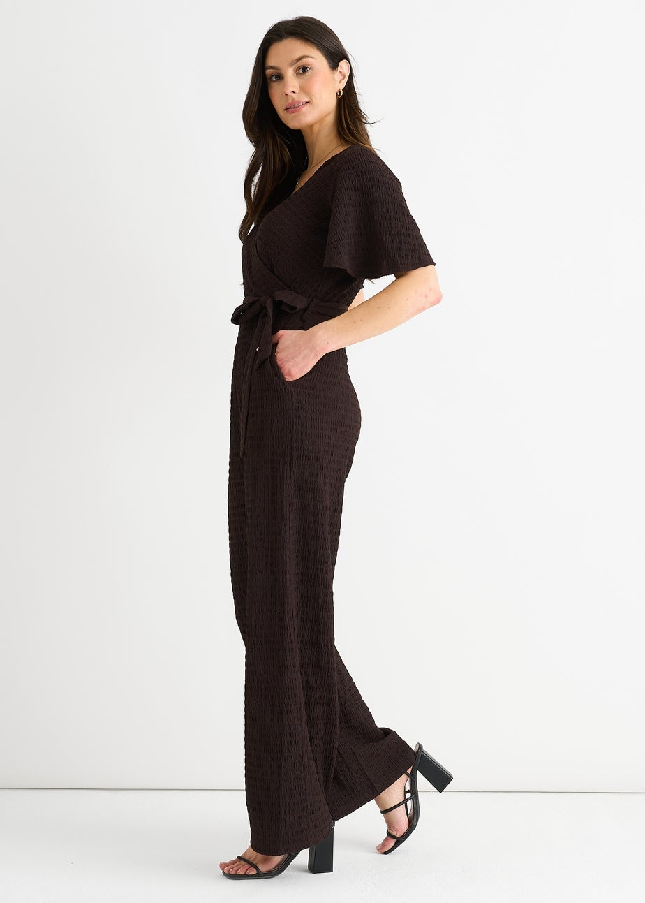 Gini London Chocolate Textured Jersey Wrap Wide Leg Jumpsuit