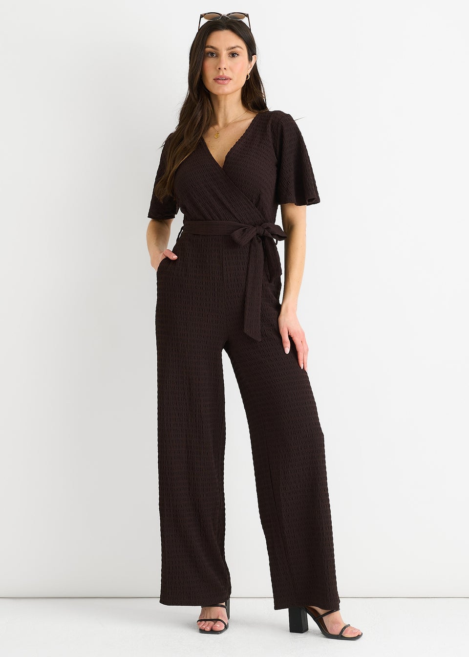 Gini London Chocolate Textured Jersey Wrap Wide Leg Jumpsuit