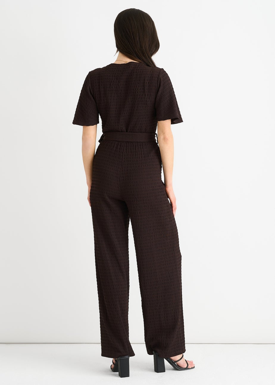 Gini London Chocolate Textured Jersey Wrap Wide Leg Jumpsuit