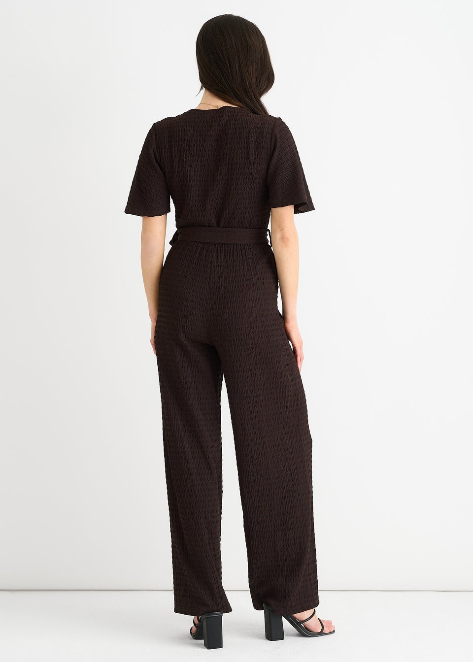Gini London Chocolate Textured Jersey Wrap Wide Leg Jumpsuit