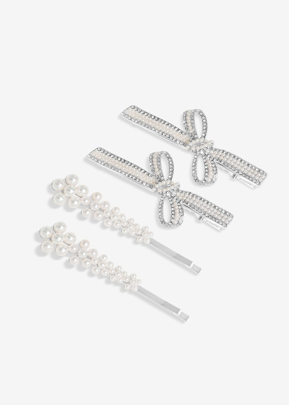 Jon Richard Silver Plated Pearl Bow & Floral Hair Slides Pack Of 4
