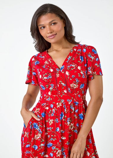 Roman Red Floral Lace Trim Pocket Midi Dress