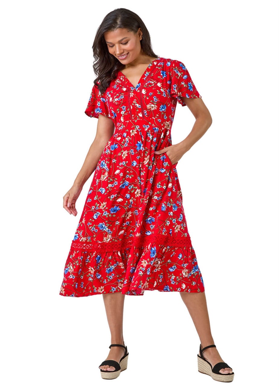 Roman Red Floral Lace Trim Pocket Midi Dress