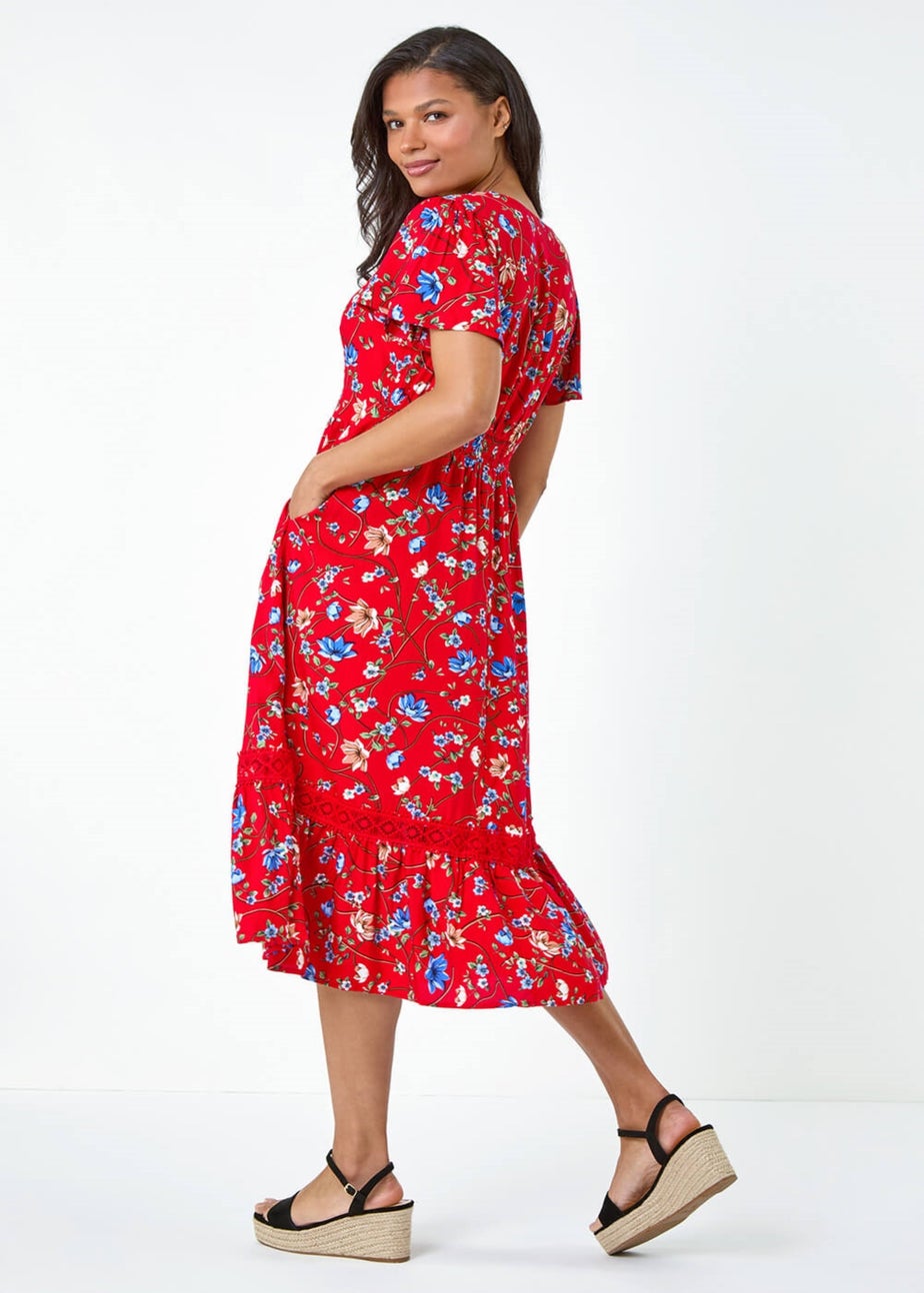 Roman Red Floral Lace Trim Pocket Midi Dress