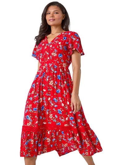Roman Red Floral Lace Trim Pocket Midi Dress