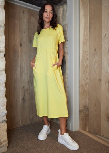 Threadbare Yellow Cotton Jersey Smock Style Midi Dress With Pockets