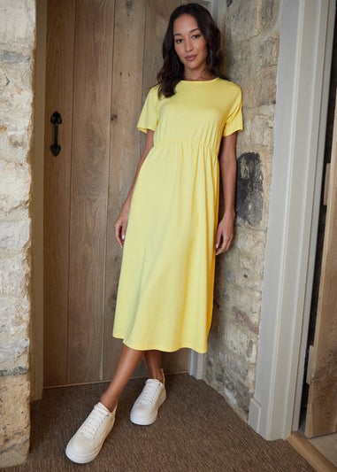 Threadbare Yellow Cotton Jersey Smock Style Midi Dress With Pockets