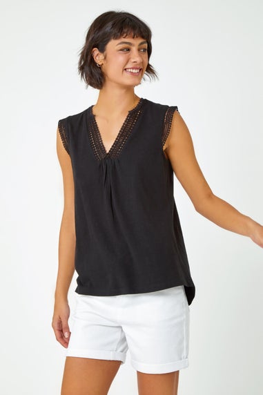 Roman Black Sleeveless Lace Trim Cotton Top
