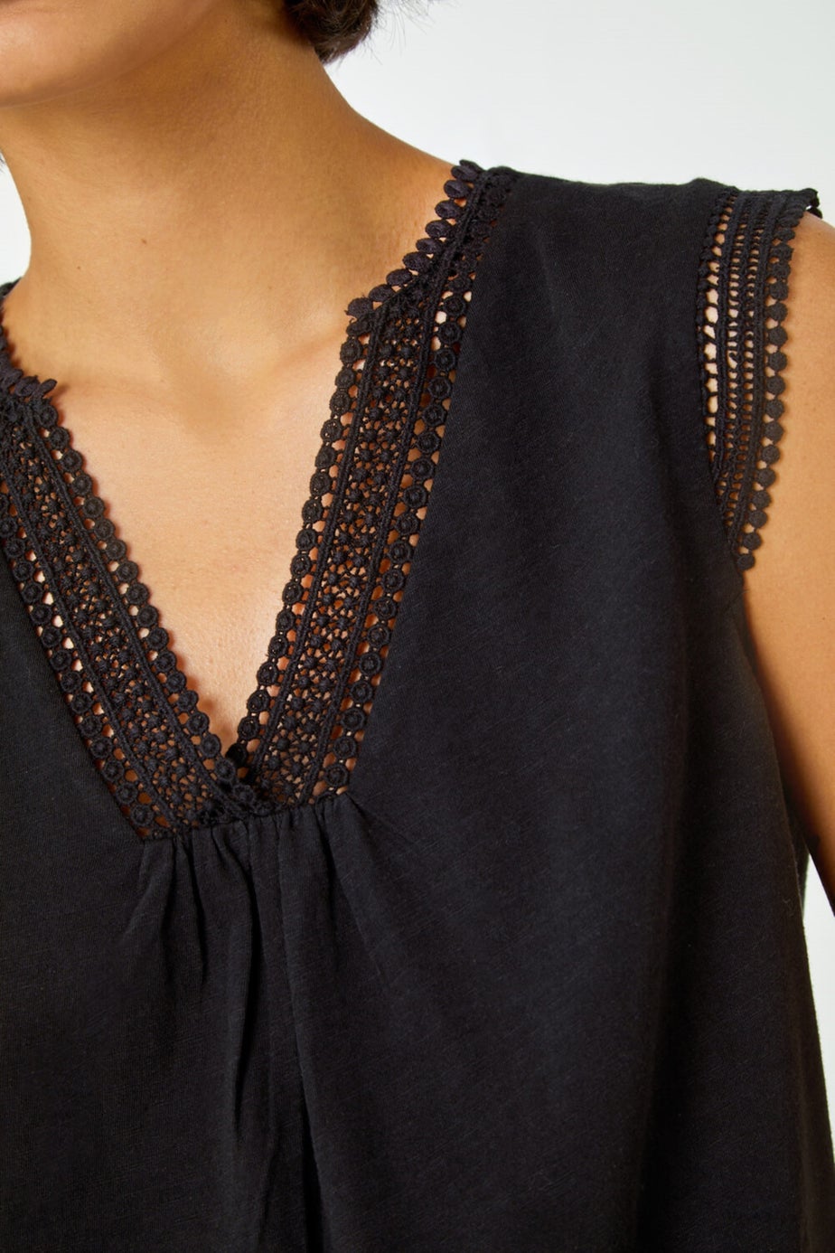 Roman Black Sleeveless Lace Trim Cotton Top