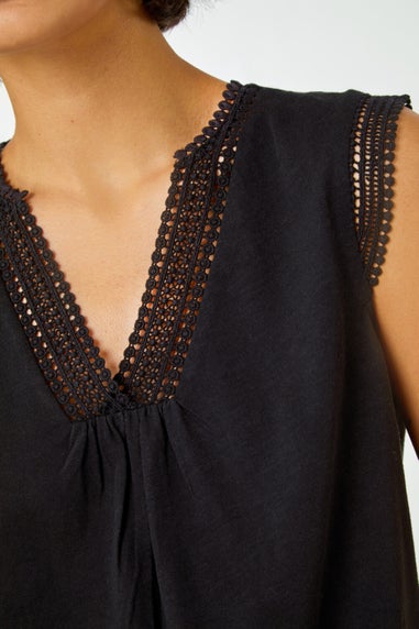 Roman Black Sleeveless Lace Trim Cotton Top