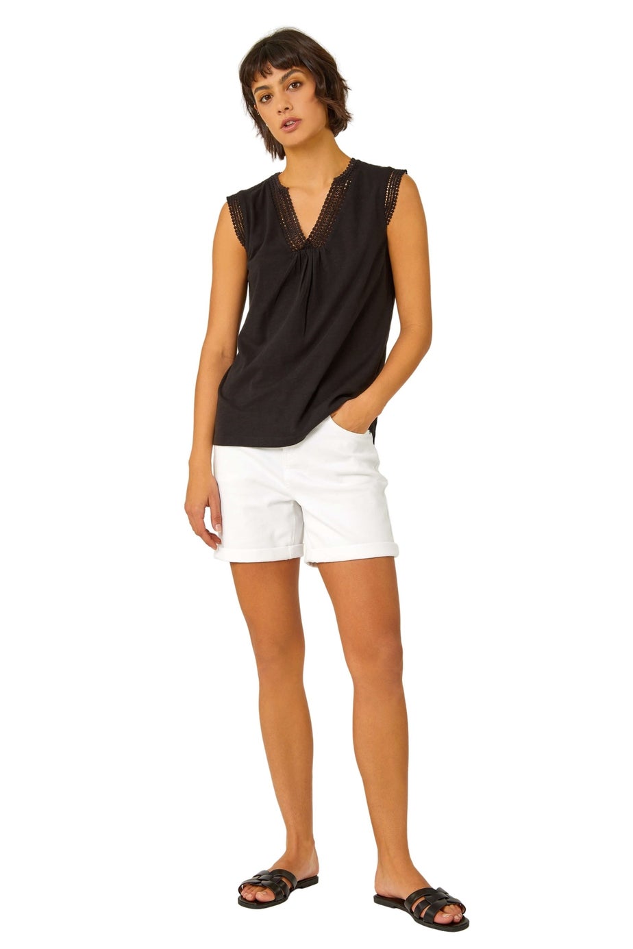 Roman Black Sleeveless Lace Trim Cotton Top