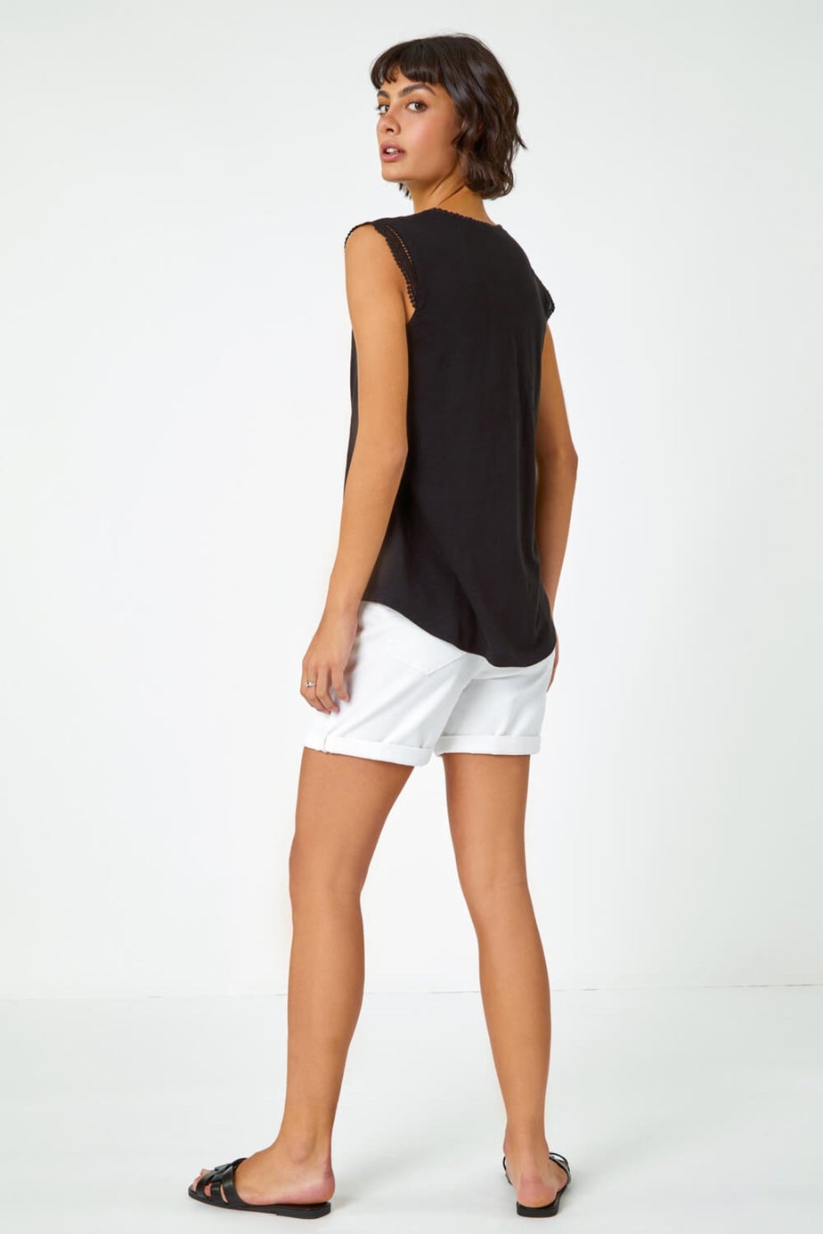 Roman Black Sleeveless Lace Trim Cotton Top