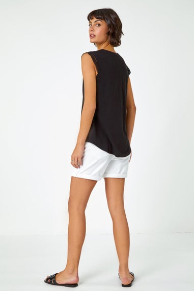 Roman Black Sleeveless Lace Trim Cotton Top