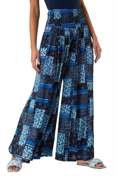 Roman Blue Floral Tile Print Palazzo Wide Leg Trouser