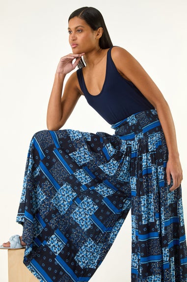 Roman Blue Floral Tile Print Palazzo Wide Leg Trouser