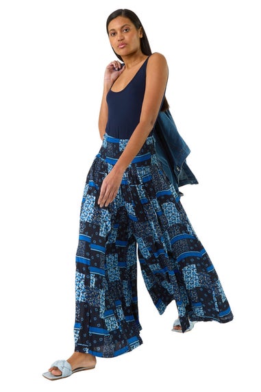 Roman Blue Floral Tile Print Palazzo Wide Leg Trouser