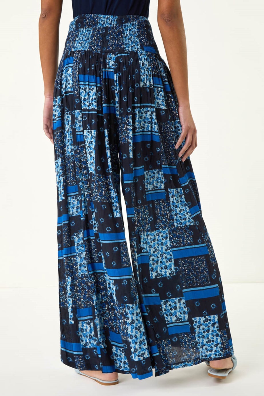 Roman Blue Floral Tile Print Palazzo Wide Leg Trouser