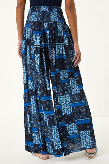 Roman Blue Floral Tile Print Palazzo Wide Leg Trouser