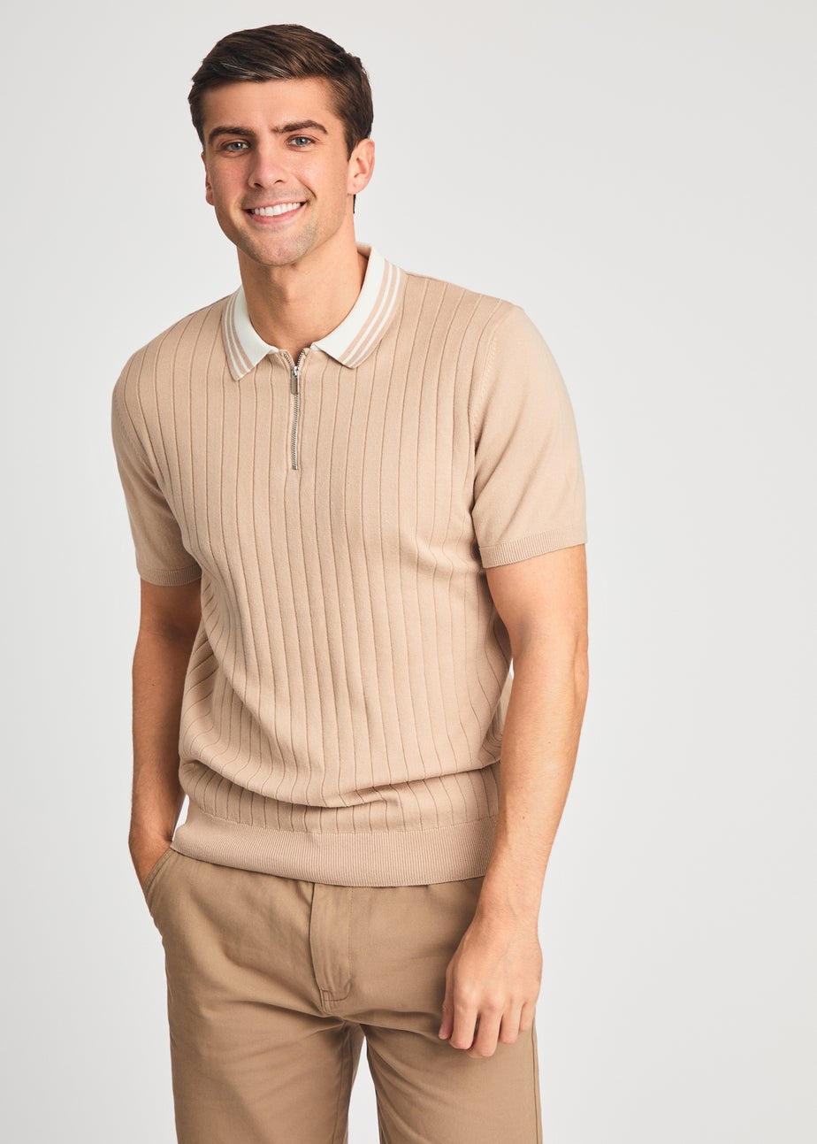 Kensington Eastside Taupe Cotton Short Sleeve 1/4 Zip Polo Shirt