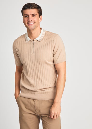 Kensington Eastside Taupe Cotton Short Sleeve 1/4 Zip Polo Shirt
