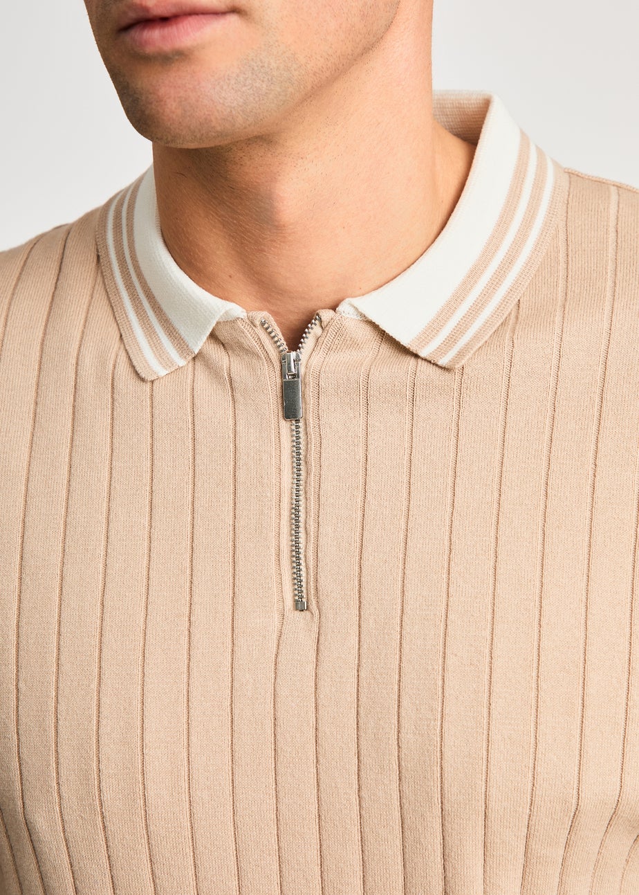 Kensington Eastside Taupe Cotton Short Sleeve 1/4 Zip Polo Shirt